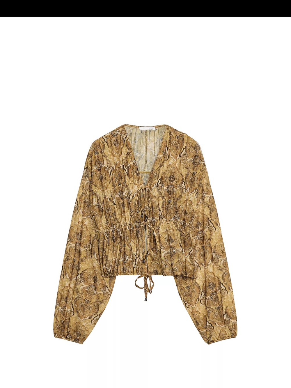 Flowy Golden Paisley Drawstring Tied Peasant Top